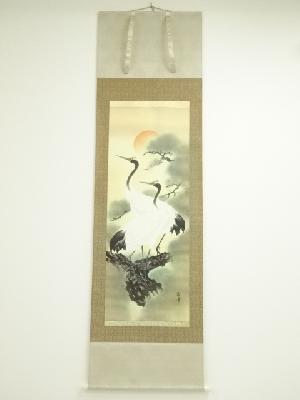 契雪筆　松上双鶴　肉筆絹本掛軸（共箱）